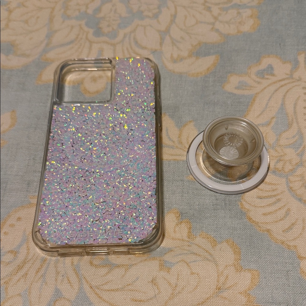 CaseMate iPhone 14 Pro Max sparkly case and clear PopSocket combo